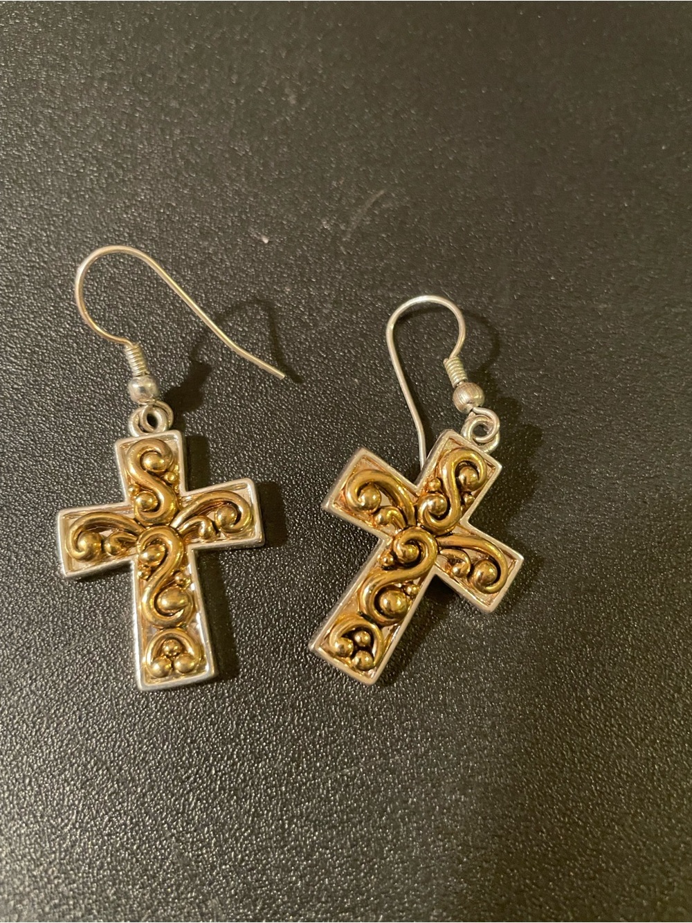 Two-Tone Filigree Cross Drop Earrings - Women's Jewelry